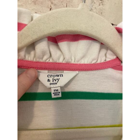 Crown & Ivy Shirt Women's Petite Medium Multicolor Rainbow Striped Ruffle V Neck - Picture 2 of 13